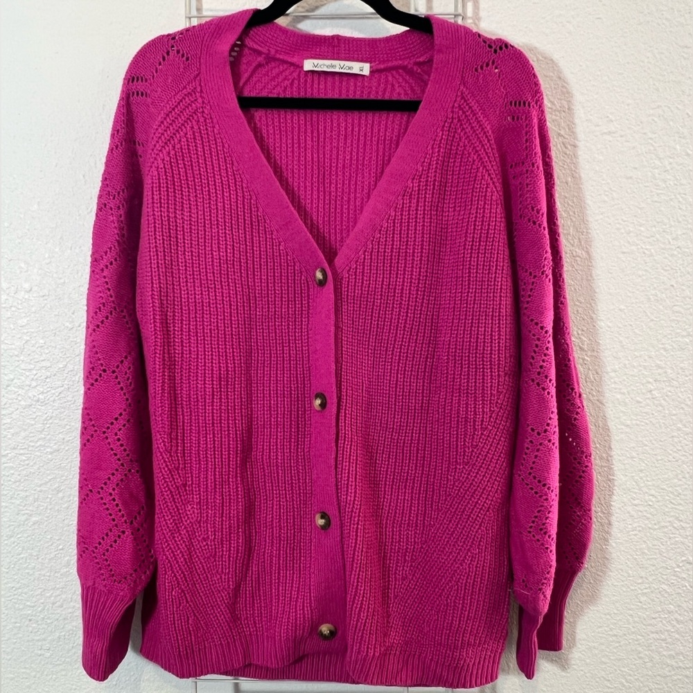 Michelle Mae Pink Cardigan Sweater V-Neck Ribbed Knit
